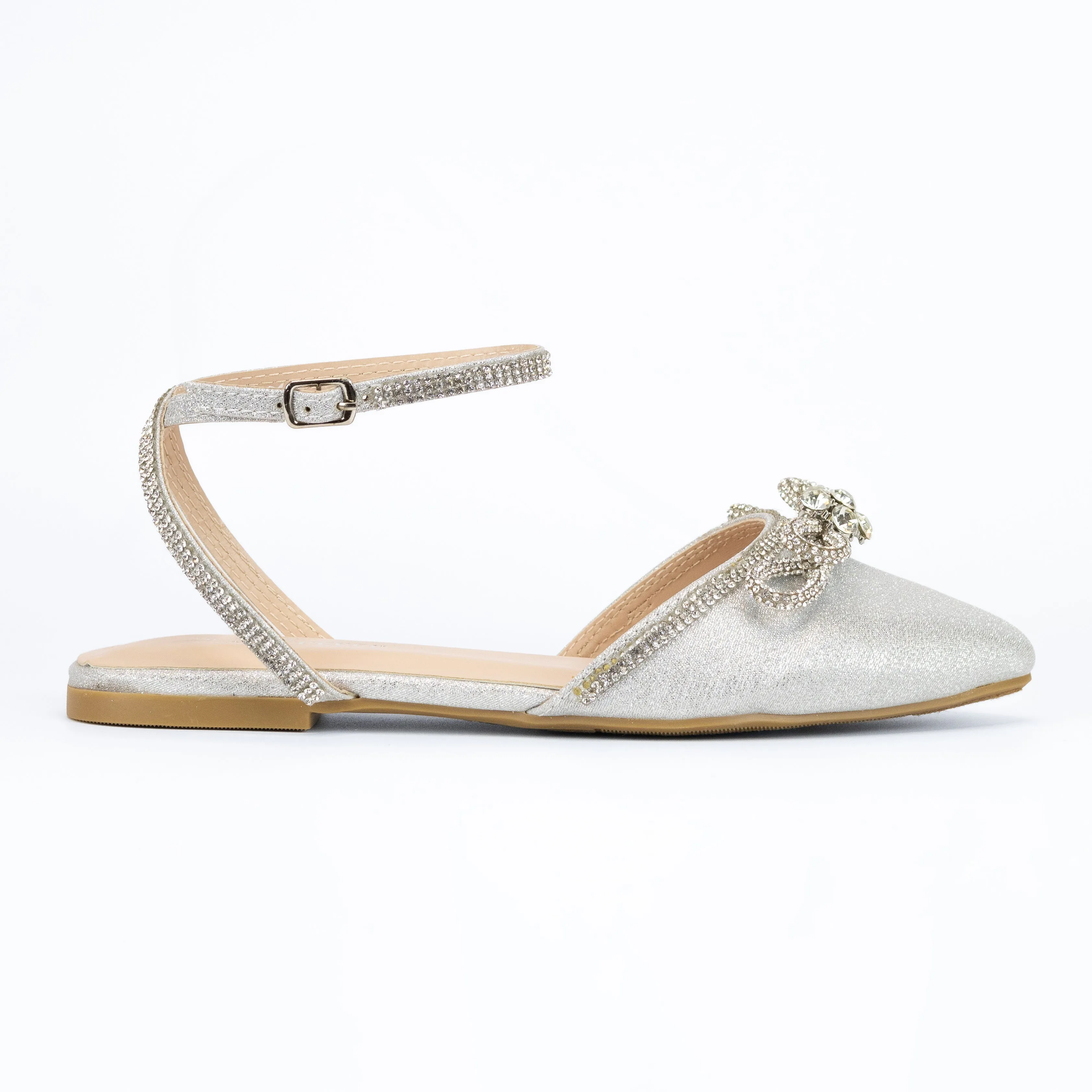 Sunbeam - Pointed Toe Ankle Strap Flats, Rhinestone Bow Detail, Elegant & Comfortable for Work or Special Occasions