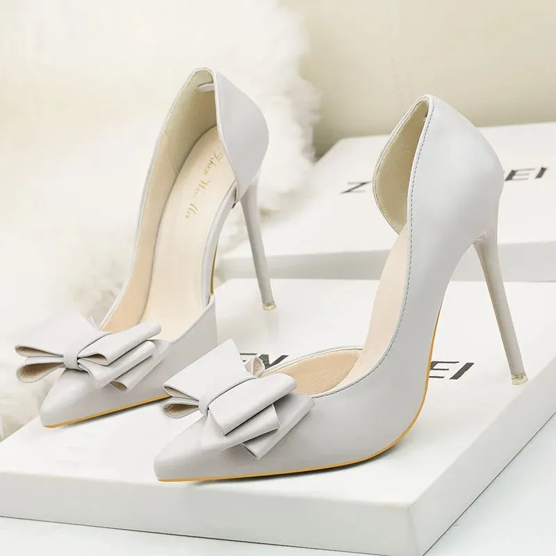 Sweet Bow High Heels Stiletto High Heels Shallow Mouth Pointed Side Hollow Luxury Designer Heels Party Shoes Woman 2023