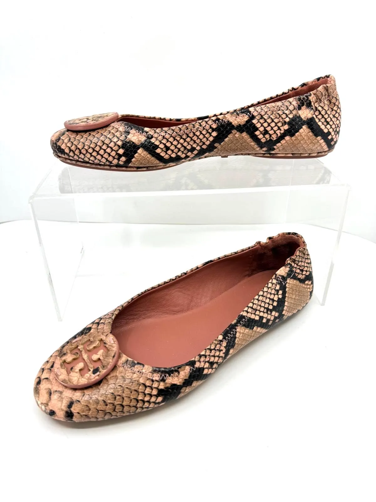 TORY BURCH MINNIE SNAKE PRINT LEATHER BALLET FLATS