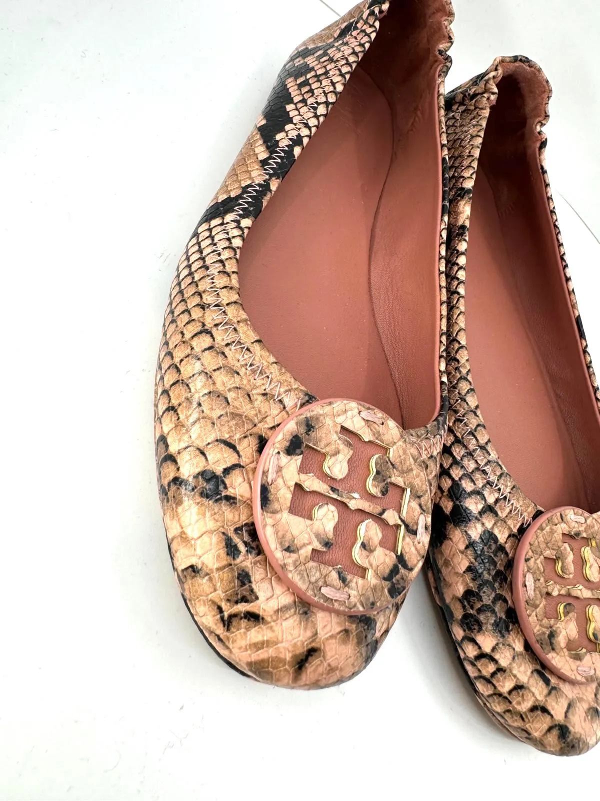 TORY BURCH MINNIE SNAKE PRINT LEATHER BALLET FLATS