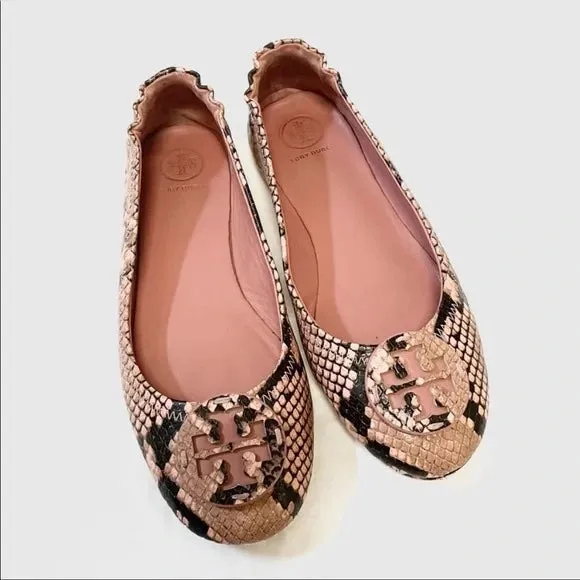 TORY BURCH MINNIE SNAKE PRINT LEATHER BALLET FLATS