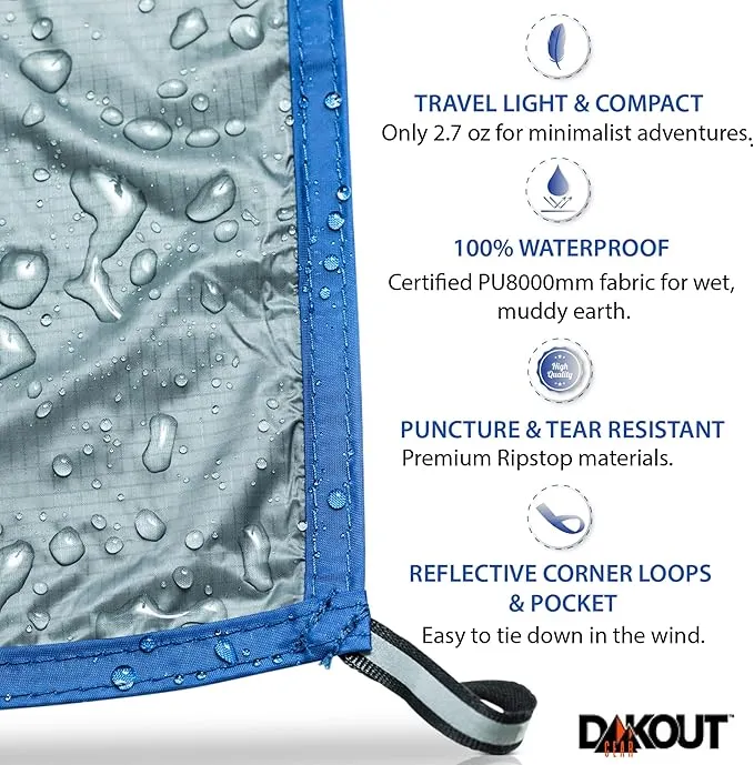 Ultralight Backpacking Tarp Ground Cloth 2.7 oz Waterproof Mini Pocket Blanket 27.5 x 48 Inches Compact Packable Groundsheet Hiking Gear for Two Pouch and Carabiner by DAKOUT Gear
