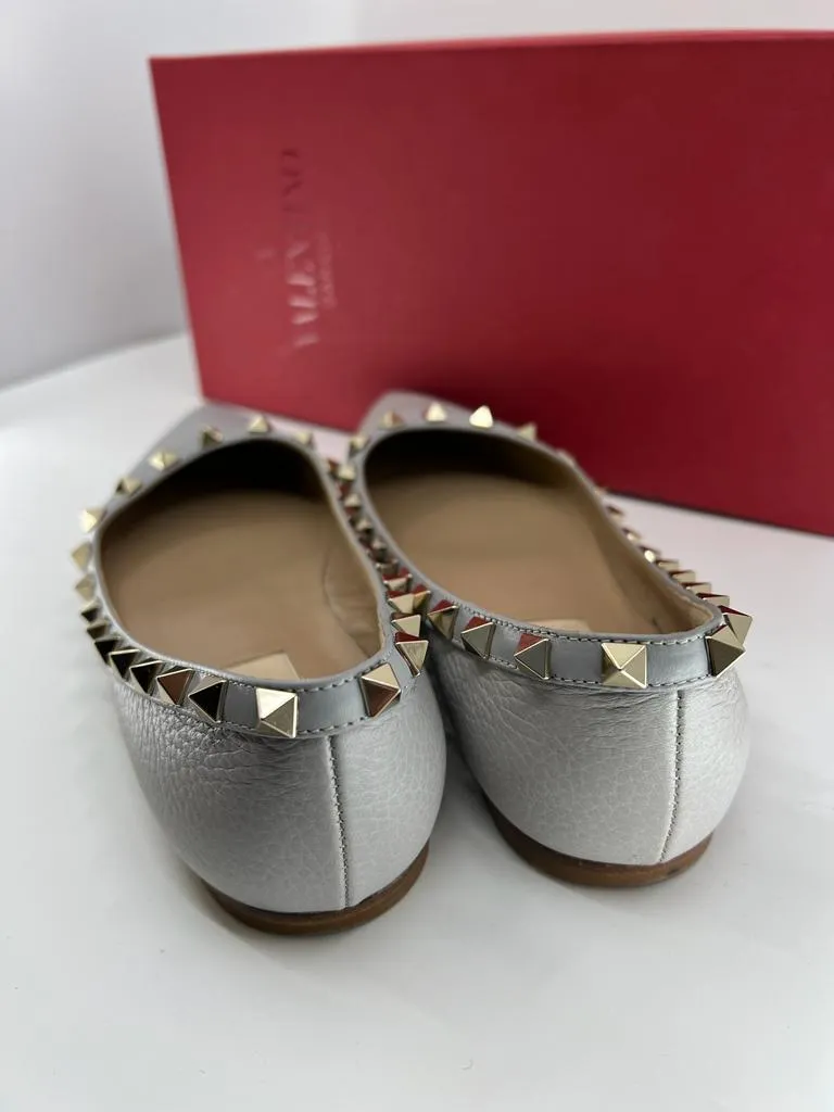 VALENTINO PEBBLED CALFSKIN ROCKSTUD BALLERINA FLATS