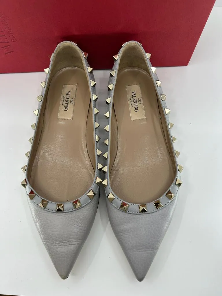 VALENTINO PEBBLED CALFSKIN ROCKSTUD BALLERINA FLATS