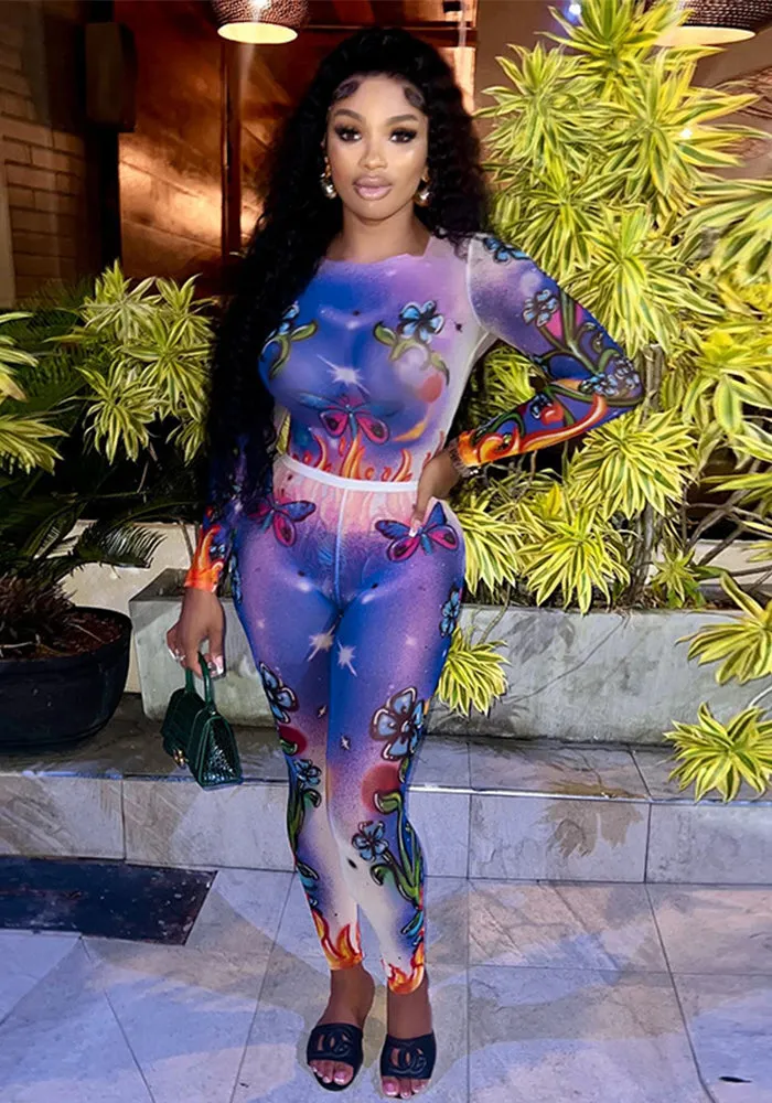 Vibrant Printed Long-Sleeve One-Piece Bodysuit Set