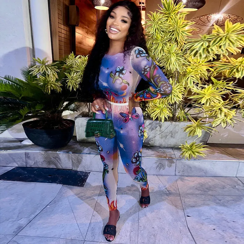 Vibrant Printed Long-Sleeve One-Piece Bodysuit Set