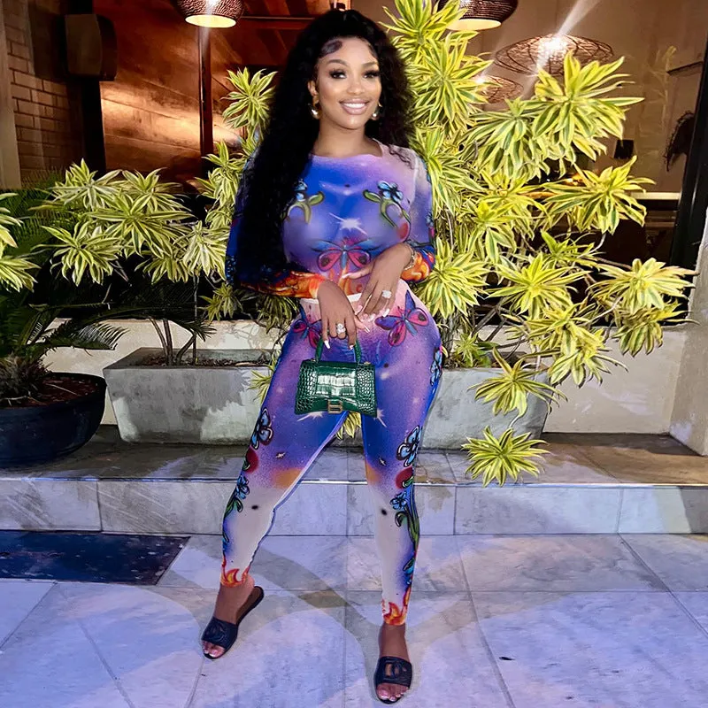 Vibrant Printed Long-Sleeve One-Piece Bodysuit Set