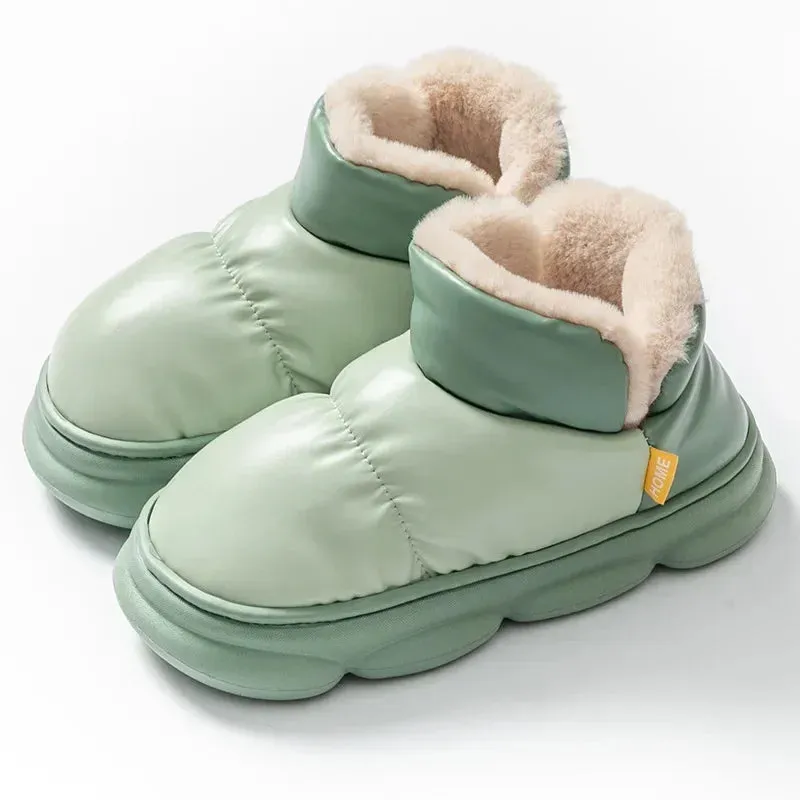 Winter Shoes Women Waterproof PU Leather Female Ankle Boots with Warm Plush Large Size Platform Flat Heels Woman Snow Booties