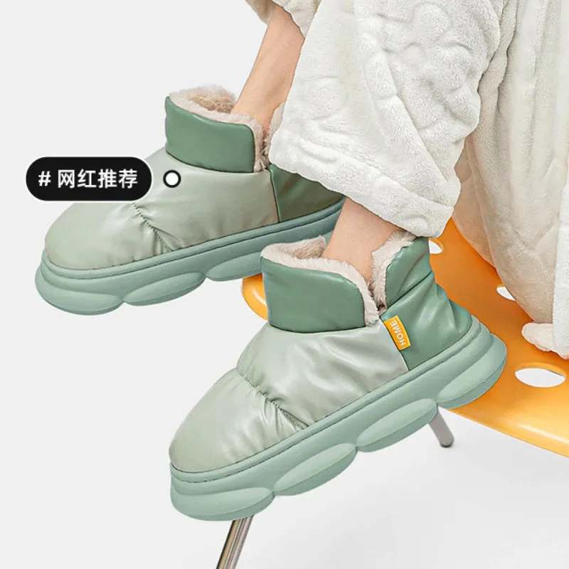 Winter Shoes Women Waterproof PU Leather Female Ankle Boots with Warm Plush Large Size Platform Flat Heels Woman Snow Booties