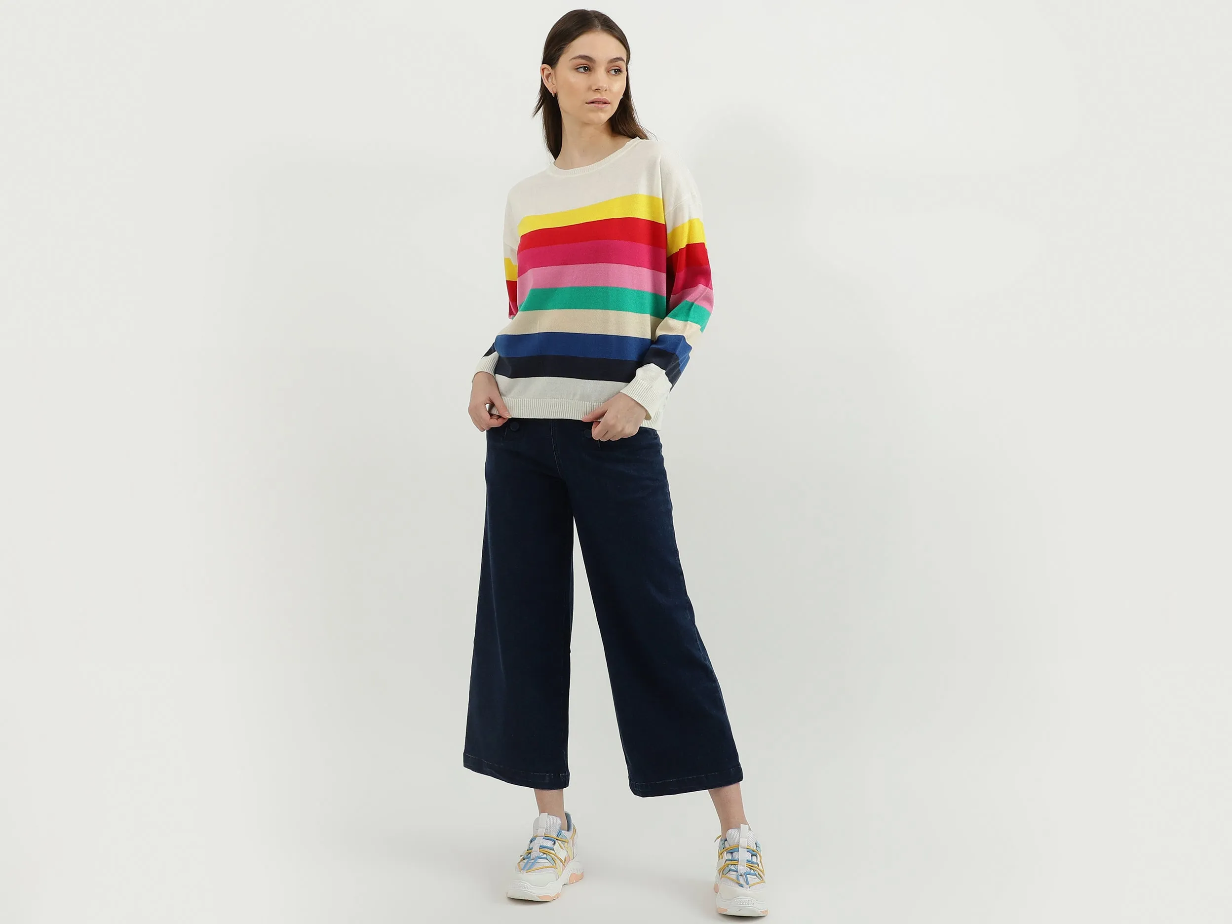 Women Stripe Round Neck Sweater
