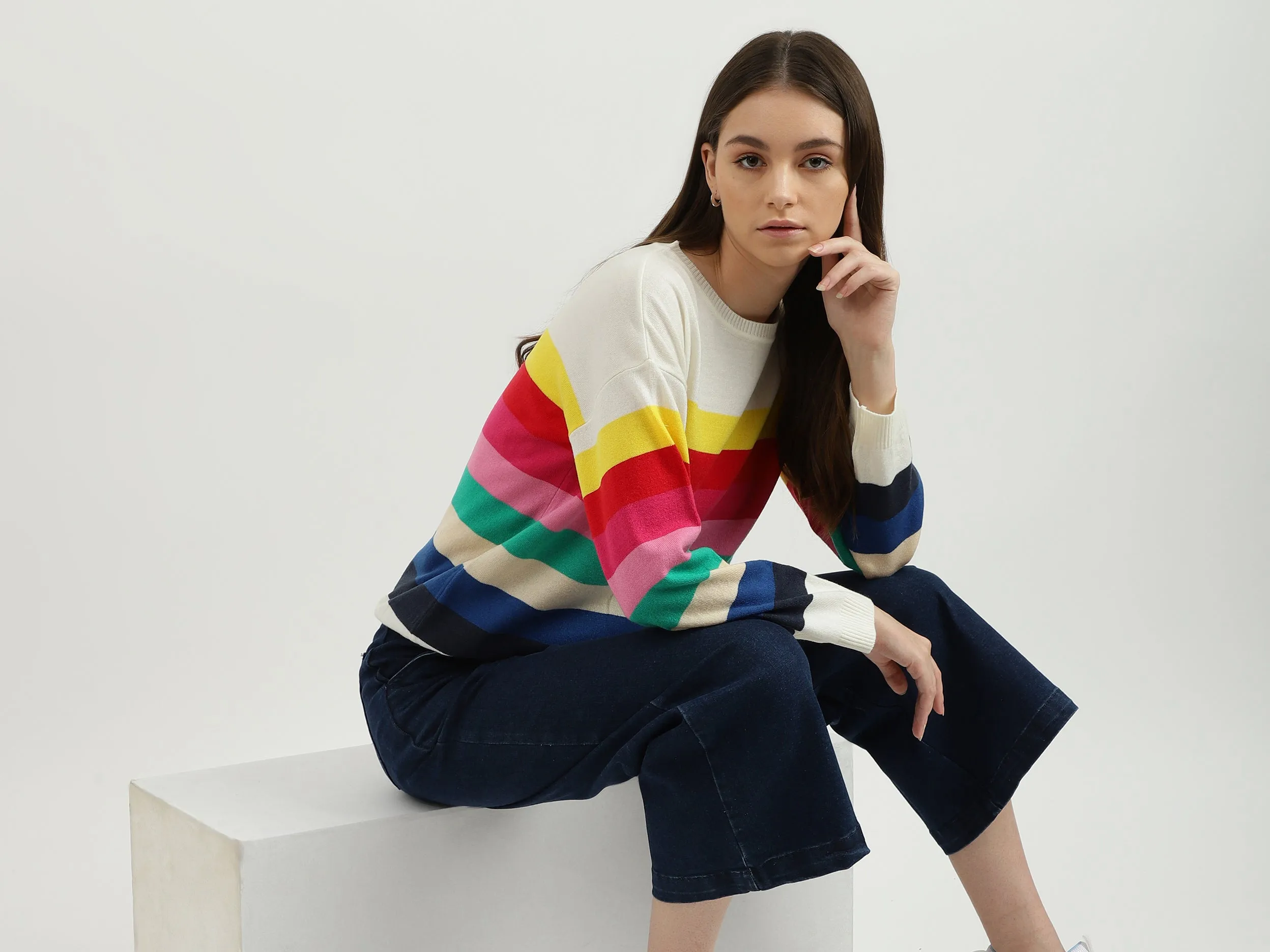 Women Stripe Round Neck Sweater